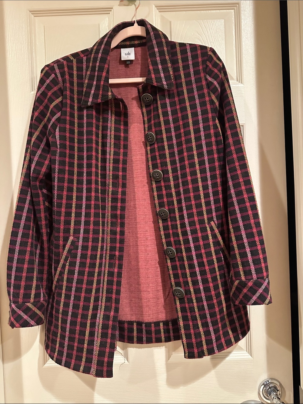 CAbi Pink and Black Plaid Button Jacket